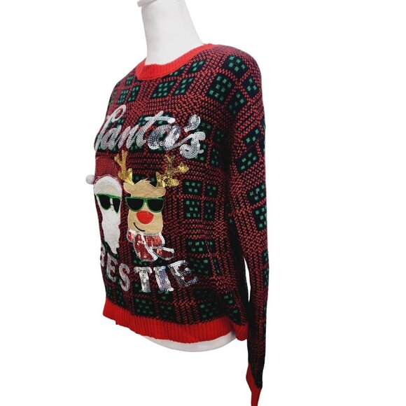 Women's Ugly Christmas Holiday Sweater Santa's Bestie Santa & Rudolph Size M - Picture 14 of 15